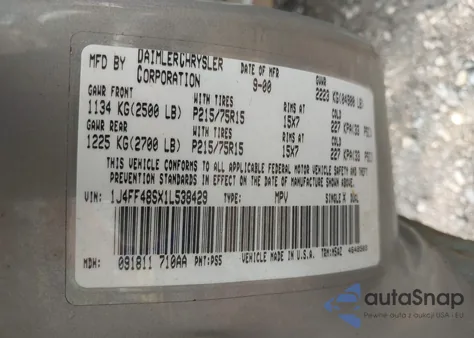 2001 Jeep Cherokee Sport z USA, uszkodzony, nr VIN 1J4FF48SX1L538429